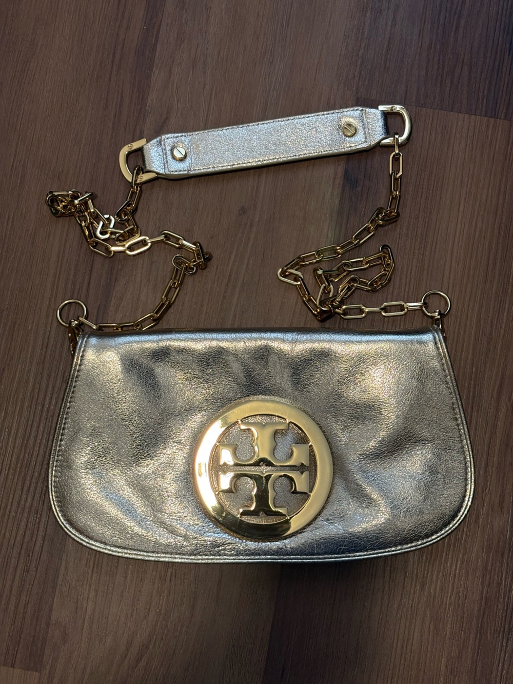 Tory Burch Metallic Leather Gold Champagne Crossbody Clutch